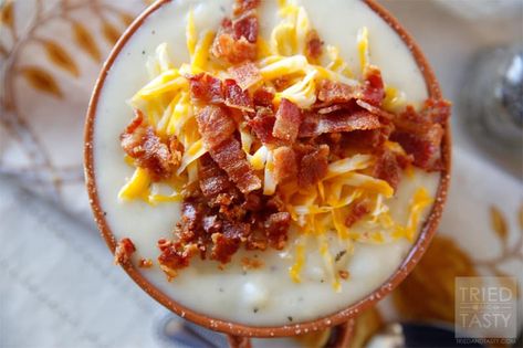 Copycat Tony Romas Baked Potato Soup // If ever there is a baked potato soup recipe that you want, it's this one! One of my favorite soups from Tony Roma's restaurant is now in your hands. You can thank me later!! | Tried and Tasty Copycat Soup Recipes, Instant Mashed Potatoes Recipes, Copycat Soup, Kitchen Hutches, Food Sauces, Baked Potato Soup Recipe, Best Potato Soup, Potato Bacon Soup, Soups Recipes