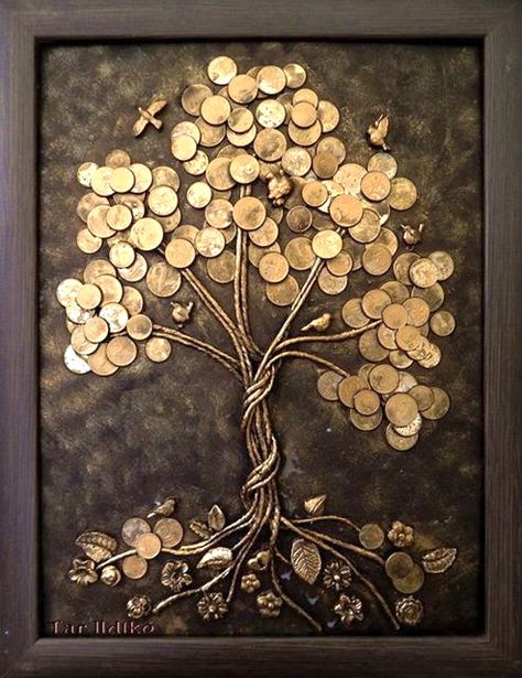 Coin Crafts, Glue Art, Imagination Art, Coin Art, Vintage Jewelry Crafts, Metal Tree Wall Art, Money Trees, Metal Art Diy, Button Art