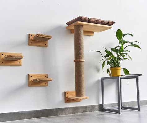 Scratching Post, Cat Shelves, Cat Furniture Wall, Cat Climbing Pole, Natural Wood Cat Play Furniture, Wall Sisal Post Furniture For Cats, Cat Climbing Shelves, Cat Wall Shelves, Cat Wall Furniture, Cat Steps, Wall Furniture, Play Furniture, Cat Hammock, Cat Shelves