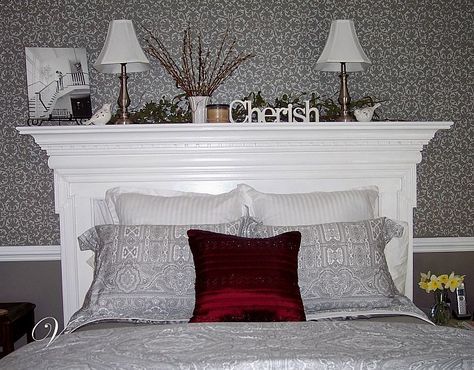 Mantel to Headboard - This is awesome, as we have a bedroom suit, Want to purchase a king size bed but I must have a headboard.  They are so expensive for king size, so this might work:) Mantle Headboard, Mantel Bedroom, Mantel Headboard, How To Make Headboard, Diy Headboards, Diy Headboard, Headboard Designs, Traditional Bedroom, Remodel Bedroom