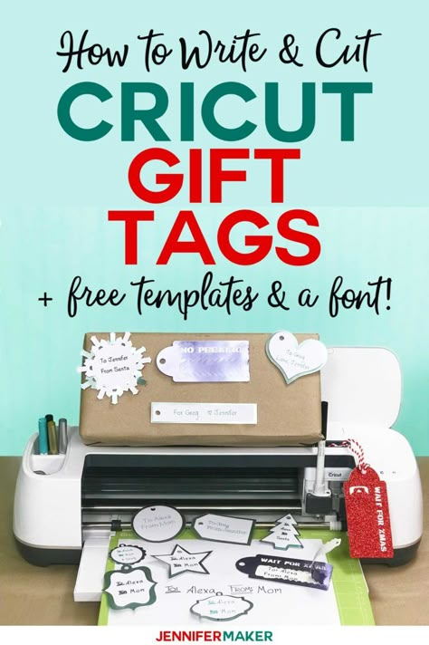 How to write & cut gift tags on a Cricut with free templates and a penwriting font! #cricut #gifts #svgcutfile #font #handwriting Cricut Gift Tags, Cricut Tags, Gift Tag Template Free, Jennifer Maker, Cricut Explore Projects, Tag Templates, Projets Cricut, Gift Tag Template, Gift Tags Diy