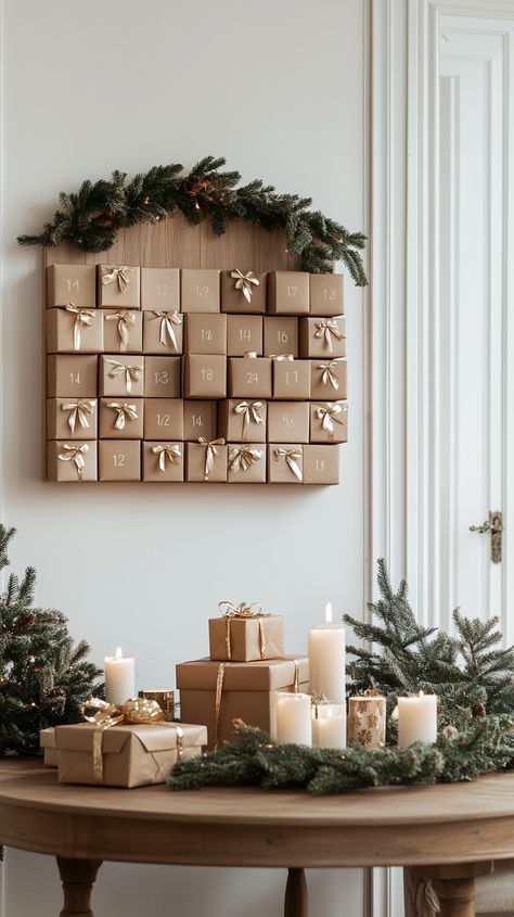 Elegant wooden calendar on a wall, surrounded by greenery, candles, and a gift box, in a cozy winter setting. Swedish Living Room, Cozy Christmas Cabin, Earthy Living Room, Winter Living Room, Wooden Calendar, Festive Table Setting, Cozy Christmas Decor, Christmas Planters, Christmas Decoration Ideas