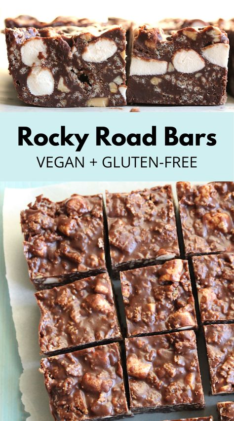 These vegan rocky road bars are a delicious no-bake dessert! They are packed with chocolate, rice Chex, marshmallows, and peanut butter and are even gluten-free! Vegan Rocky Road, Gluten Free Christmas Baking, Cinnamon Treats, Rocky Road Bars, Rice Chex, Vegan Gluten Free Desserts, Vegan Baking Recipes, Easy Vegan Dessert, Gluten Free Christmas