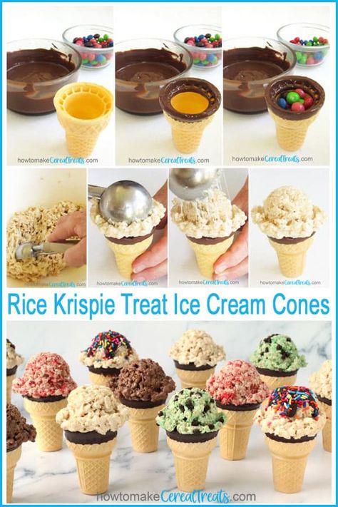 Fruit In Ice Cream Cone, Ice Cream Cone Rice Krispie Treats, Rice Krispie Ice Cream Cones, Ice Cream Cone Treats Ideas, Ice Cream Rice Krispie Treats, Cone Dessert Ideas, Ice Cream Cones Ideas, Ice Cream Cone Desserts, No Bake Party Food