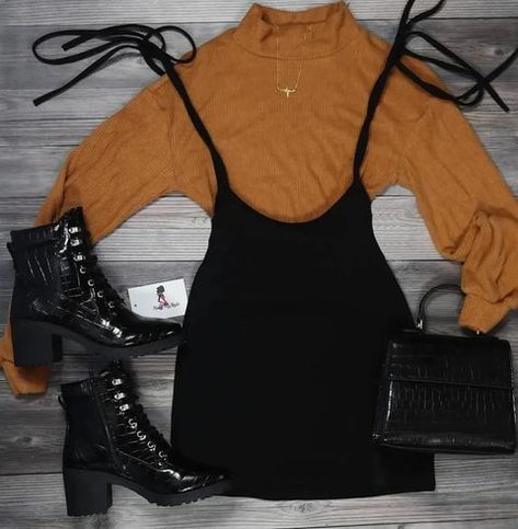 Need My Style boutique (@needmystyle) • Instagram photos and videos Orange Fall Outfit, Mock Neck Outfit, Long Sleeve Cropped Top Outfits, Fall Aesthetic Outfit, Black Suspenders, Outfit 2022, Orange Outfit, Black Dress Outfits, Tumblr Outfits