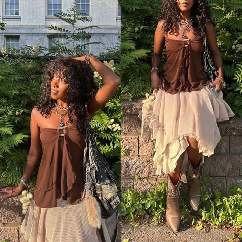 Earthy Cute Outfits, Eathy Girl Outfits, Unreal Unearth Outfit, Fairycore Outfit Black Women, Spiritual Earthy Aesthetic, Black Earthy Girl Outfit, Y2k Boho Aesthetic, Earthy Dress Outfits, Earth Girl Outfits Black Women