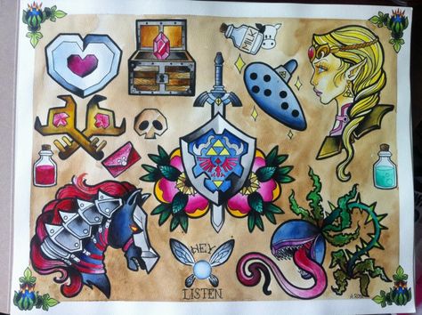 Zelda tattoo designs by Aaliy Rose. In love! Skyrim Tattoo, Video Game Tattoos, Zelda Tattoo, Gamer Tattoos, Video Game Tattoo, Flash Sheet, Tattoo Flash Sheet, Gaming Tattoo, Gambling Tattoo