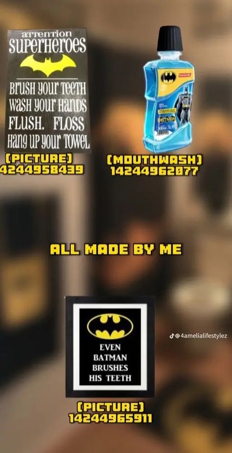 Batman Bloxburg Codes, Batman Decals Bloxburg, Bloxburg Boy Room Decals Codes, Batman Bathroom Decor, Bloxburg Bathroom Decals, Batman Bathroom, Pictures Codes, Batman Decals, Boy Bathroom