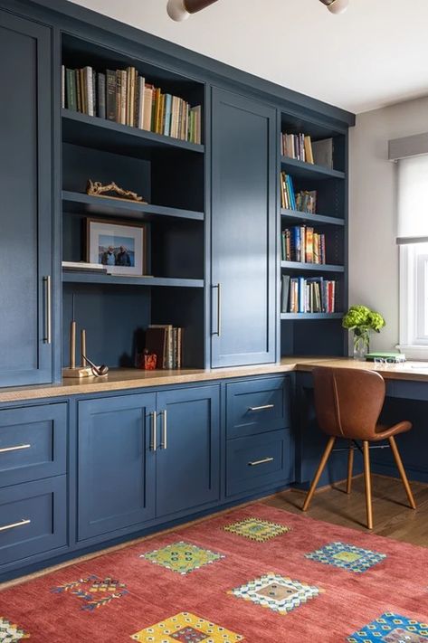 Hyattsville Home Office | set Home Office Wall Cabinets, Office Built Ins Bookshelves, Office Cabinets Ideas, Office Wall Cabinets, Modern Farmhouse Office, Blue Cupboards, Upstairs Landing, Ikea Office, Basement Office