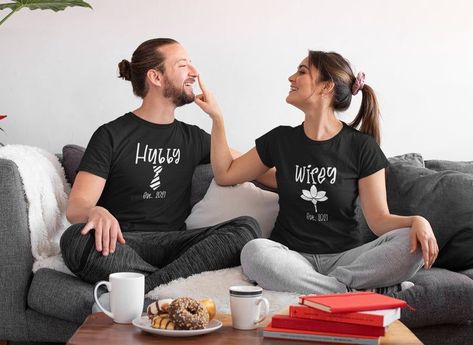 This cute couple shirt signifies something extra special in your marriage. It is very comfortable for an active lifestyle as you go on celebrated your best today and tomorrow. The high quality prints helps you express the fullfillment of your dream as a married couple. Love knows no boundaries even in this unique tee. Wifey Est. 2021 Shirt | New Wife Gift from Husband Couple Wedding T-Shirt Black Matching Hoodies For Couples, Matching Tshirts, Groom Shirts, Valentine Sweatshirt, Matching Hoodies, Couples Sweatshirts, Soft Feeling, Matching Couple Outfits, Valentine T Shirts