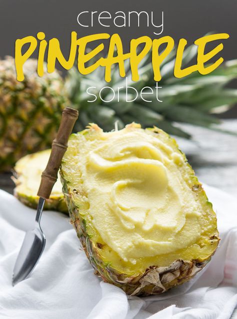 This Creamy Pineapple Sorbet is so refreshing and super easy to make too! Pineapple Sherbet Recipe, Pineapple Sorbet Recipe, Pineapple Sherbet, Italian Ice Recipe, Hawaii Recipes, Sherbet Recipes, Pineapple Sorbet, Sorbet Is, Pineapple Dessert Recipes