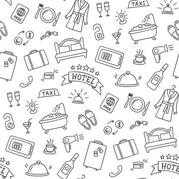 Hotel services hand drawn pattern. Bed, bath, safe, breakfast, bathrobe and other objects. Vector illustration in doodle style on white background #AD , #Ad, #Bed, #pattern, #safe, #bath, #services Hotel Doodle, Bath Doodle, Bed Doodle, Shower Drawing, Toilet Illustration, Line Doodles, Doodle Style, Hotel Services, Chicken Food