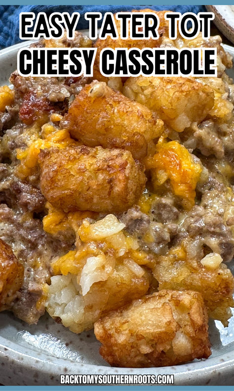 Tater tot casserole on a plate with cheese and beef. Texas Tater Tot Casserole, Mini Tater Tot Casserole, Tator Tot Casserole In Crock Pot, Easy Tater Tot Casserole Simple, Gator Tot Casserole, Hamburger Tater Tot Casserole Recipes, Tatertot Casserole Recipe Beef, Crockpot Tater Tot Casserole, Ground Beef Tater Tot Casserole