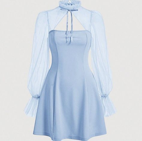 London Clothes, Cute Kawaii Outfits, Style Bleu, Blue Dress Short, Lace Dress With Sleeves, Clothes Crafts, Dress For Short Women, Kpop Outfits, Elegant Outfit