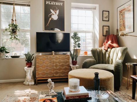 Describe your home’s style in 5 words or less: Thrifted, gifted, green, eclectic, warm Yellow Ottoman, Ottoman Living Room, Tudor Style Homes, Apartment Life, Ottoman In Living Room, Facebook Marketplace, Green Chair, Spooky Decor, Comfy Chairs