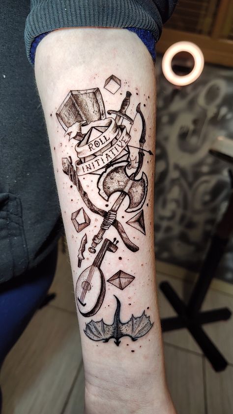 D D Tattoo, Dnd Tattoo Sleeve, Nerd Sleeve Tattoo, Dnd Tatoos Ideas, D And D Tattoos, Pathfinder Tattoo, Nerd Tattoo Sleeve, Dungeon Master Tattoo, Nerdy Tattoos For Men