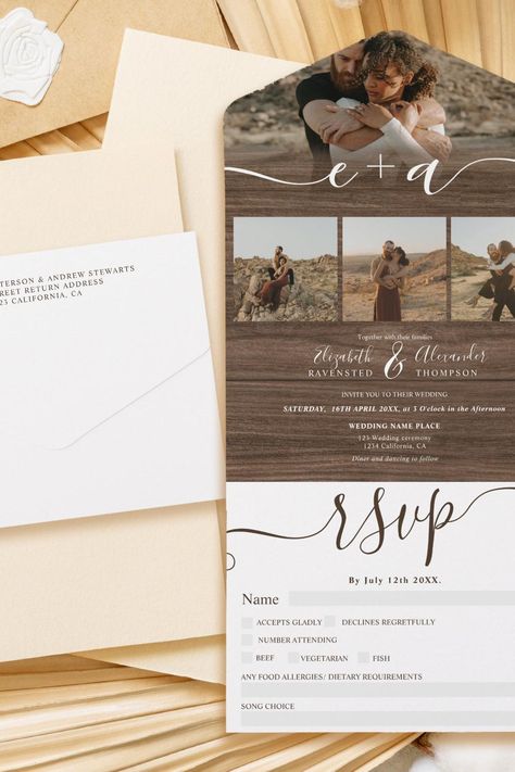 Elegant 4 Photos rustic brown wood script wedding All In One Invitation Collage Grid, Wedding Script Fonts, Typography Elegant, Photos Collage, Wedding Script, Afternoon Wedding, Font Typography, Elegant Monogram, Elegant Calligraphy