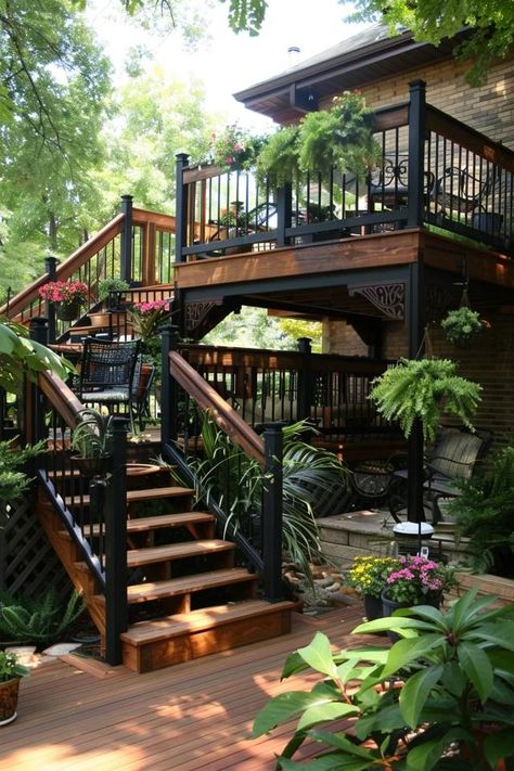 Two Tier Deck Ideas: Elevate Your Outdoor Space Decks On A Hill, Double Deck Ideas Backyards, Two Level Patio Ideas, Two Layer Deck Ideas, Tiered Back Deck, Deck With Stairs To Backyard, Deck With Two Sets Of Stairs, Farmhouse Back Deck Ideas, Tiered Deck With Pool