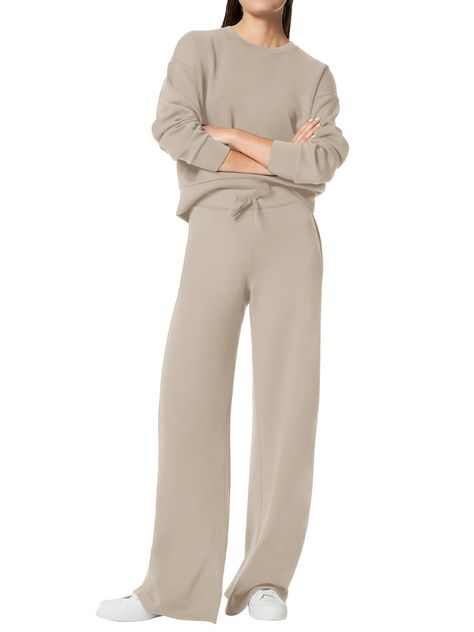 PRICES MAY VARY. Fabric: This sweatshirt & sweatpants set is made from 68% Rayon, 28% Polyester and 4% Spandex with soft texture, skin-friendly, smooth, breathable and stretchy, relaxed fit for all day comfort. Must-have outfits in your Fall/Winter line. Feature: This sweatsuit set combines comfort with style. The sweatshirt features crew neck and long sleeves for a relaxed fit, while wide leg sweatpants with elastic waist and drawstring ensure a customizable fit, and the inclusion of pockets on Matching Set Outfit Sweats, Sweat Set Outfits, Womens 2 Piece Outfits, Matching Sweat Set, Matching Sweats, Sweatpants Style, Matching Sets Outfit, Sweatsuit Set, Wide Leg Sweatpants