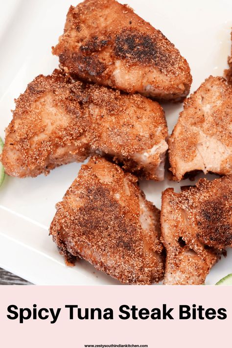 If you are looking to make a fish fry that is easy to make and at the same time very tasty, then try this Spicy Tuna   steak bites. Great to serve with some salad or as a side dish with some mashed potato or avocado. Tuna Bites Recipe, Fried Tuna, Tuna Bites, Salmon Bites Recipe, South Indian Kitchen, Tuna Steak Recipes, Steak Bites Recipe, Tuna Steak, Salmon Spices