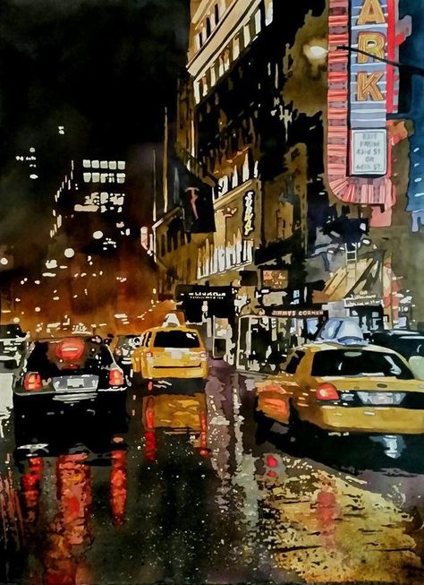 High Contrast Watercolor, City At Night Painting, City Night Painting, Traffic Painting, Gloomy Painting, Car Reflection, City Scene Painting, Nyc Painting, Rain Watercolor