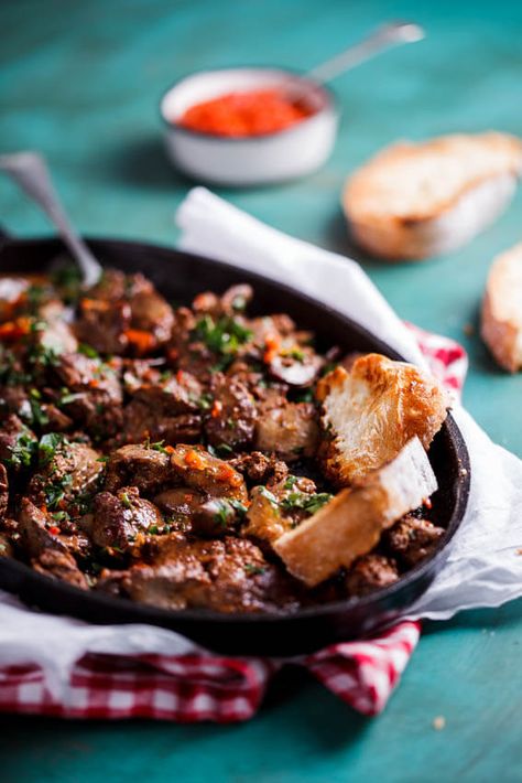 Peri-peri chicken livers: Brown 500g chicken livers (cleaned and trimmed) in 2 tbs butter. Add 3 crushed cloves garlic, then 3-4 tbs peri-peri sauce. Add juice of a lemon, ½ cup cream, salt & pepper to taste; cook a few minutes. Sprinkle with chopped parsley; serve with crusty bread. | Simply Delicious Peri Peri Chicken Livers, Portuguese Rolls, Chicken Liver Recipes, Peri Chicken, Liver And Onions, Peri Peri Chicken, Chicken Liver Pate, Liver Recipes, Chicken Liver