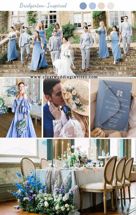 The Ultimate Guide To Creating The Bridgerton-Inspired Wedding – Clear Wedding Invites Brigerton Wedding Dress, Bridgeton Inspired Wedding, Wedding Bridgerton Theme, Bridgertons Wedding, Bridgerton Wedding Inspired, Bridgerton Blue Aesthetic, Bridgerton Color Scheme, Bridgestone Wedding Theme, Bridgerton Wedding Ideas