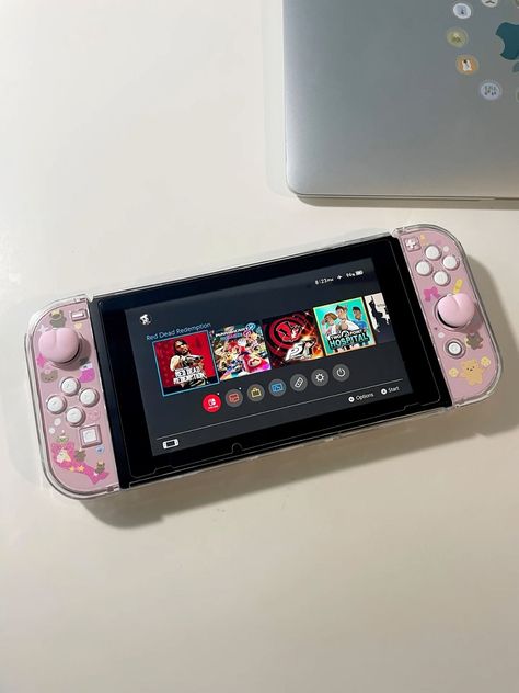 Nintendo Switch Cute Case, Decorated Nintendo Switch, Nintendo Switch Aesthetic Kawaii, Pink Nintendo Switch Aesthetic, Nintendo Switch Stickers, Cute Nintendo Switch Accessories, Pink Nintendo Switch, Nintendo Girl, Nintendo Switch Aesthetic