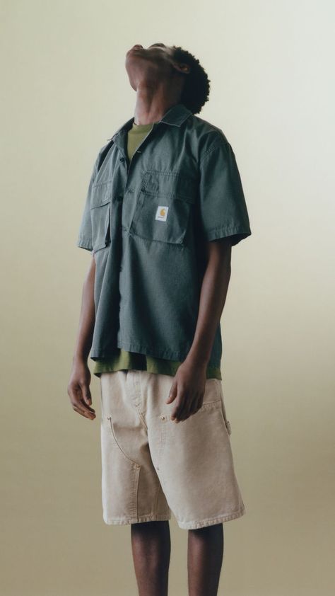 Carhartt Work in Progress. Spring/Summer 2023 Lookbook. A look at the season ahead. Featuring the Double Knee Short, and Master Shirt. Carhartt Summer Outfit, Carhartt Shorts Outfit Men, Summer 2023 Outfits Men, Carhartt Outfit, 2023 Lookbook, Summer Workwear, Carhartt Shorts, Carhartt Work In Progress, Streetwear Men