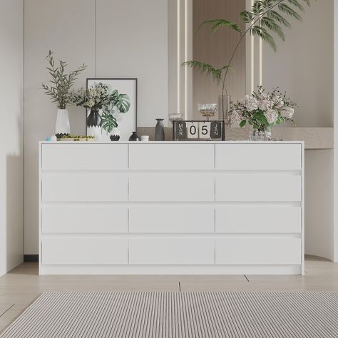 PRICES MAY VARY. [Stylish Design] – Hitow dresser chest comes with sleek design. White surfaces with no extra decoration build an atmosphere of understated elegance for your room. Handleless design adds further sense of uniqueness. Thanks to the modern and simple design, it’ll match with different furnishing styles perfectly. Overall Dimensions: 63”L x 15.7”W x 31.9”H [Sufficient Storage] - This double dresser features 12 drawers to meet your storage needs in living room. The drawers in differen 12 Drawer Dresser, Large Chest Of Drawers, Dresser For Bedroom, Dresser Chest, 9 Drawer Dresser, White Dresser, Living Room Hallway, Bedroom Furniture Dresser, Modern Dresser