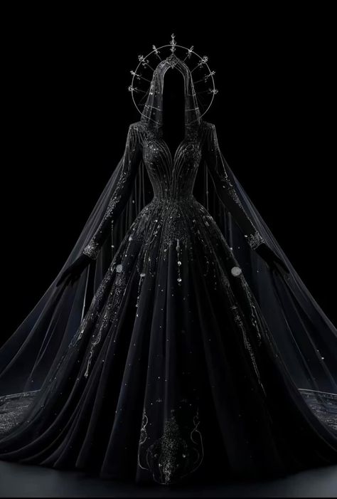 Fantasy Staff, Gothic Ball Gown, Gown Aesthetic, Black Wedding Dress Gothic, Kimono Girl, Black Wedding Gowns, Fantasy Dresses, Fantasy Gowns, Fairytale Dress