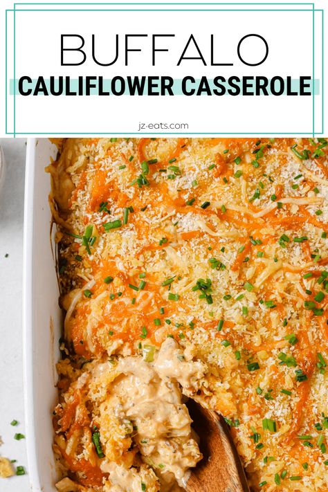 buffalo cauliflower casserole with a wooden spoon Buffalo Cauliflower Casserole, Califlower Casserole, Chicken Cauliflower Casserole, Cauliflower Casserole Recipes, Recipe With Chicken, Buffalo Chicken Casserole, Buffalo Chicken Recipes, Comforting Dinner, Chicken Cauliflower