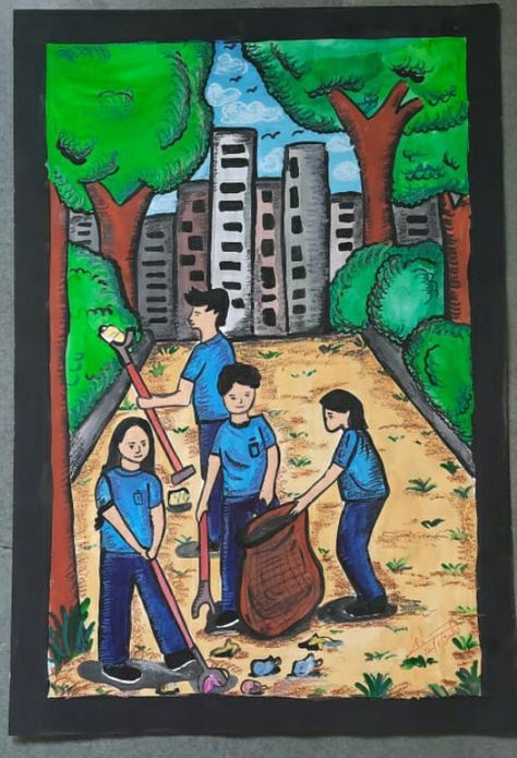 Clean School Drawing, School Cleaning Drawing, Swatch Bharat Drawing, Ideal Community Drawing, Swachh Bharat Drawing, Clean India Posters, Easy Nature Drawings, Save Earth Drawing, Color Wheel Art Projects