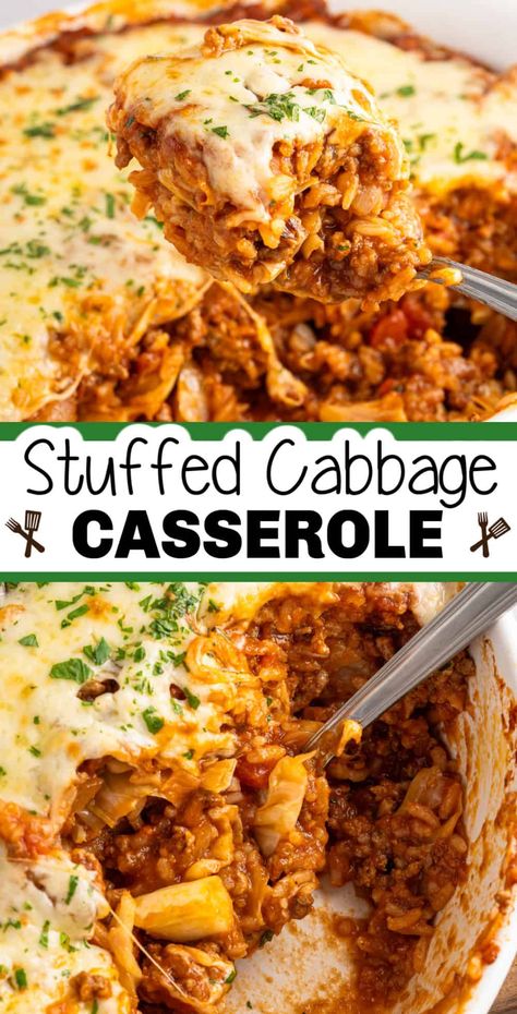 This easy stuffed cabbage casserole recipe is perfect for a quick and tasty dinner. This hassle-free casserole dish tastes just like traditional cabbage rolls, without the fuss. Layered Cabbage Casserole, Stuffed Cabbage Casserole Crockpot, Deconstructed Stuffed Cabbage Casserole, Amish Cabbage Casserole, Meals To Make With Cabbage, Stuffed Cabbage Casserole, Best Cabbage Rolls Recipe, Cabbage Lasagna, Easy Stuffed Cabbage