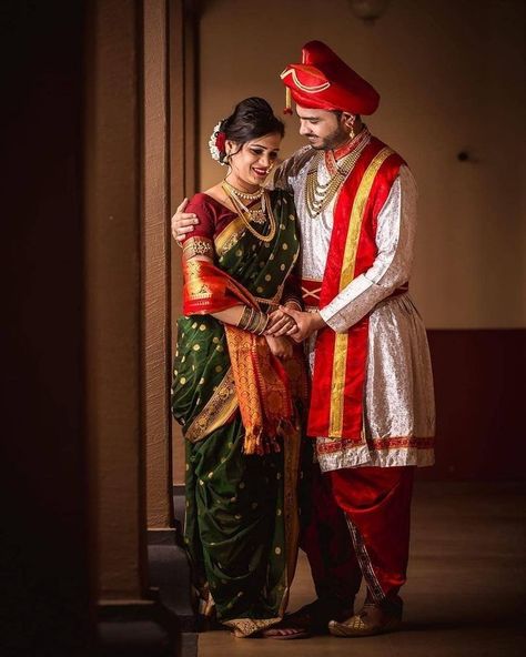 Isn't it amazing that the rituals in every Hindu wedding remains almost same. But the dress keeps on changing according to region and state. In the frame you can see a Maharashtrian couple in their ethnic Maratha dress signifying their Tradition. To know more about it, feel free to contact us Marathi Wedding Photos, Maharashtra Wedding Couple Pose, Marathi Marriage Couple Photography, Marathi Wedding Couple Poses, Marathi Couple Photo, Vaidik Marriage, Maharashtrian Wedding Couple Poses, Marathi Wedding Photography, Maharashtra Wedding Couple