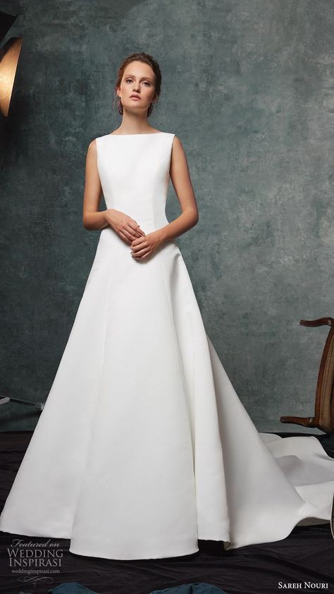 Minimal Wedding Dress A Line, Boatneck Wedding Dress Plus Size, Wedding Dress Sabrina Neckline, Boat Neck Satin Wedding Dress, Wedding Dress Boat Neckline, Wedding Dress Bateau Neckline, Simple Boatneck Wedding Dress, Bateau Neck Wedding Dress, Boat Neck A Line Wedding Dress