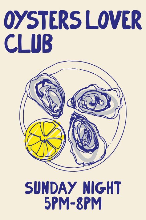 Oyster Graphic Design, Procreate Poster Design, Oysters Illustration, Oyster Graphic, Oyster Poster, Oyster Background, Blue Posters Aesthetic, Oysters Aesthetic, Retro Design Ideas