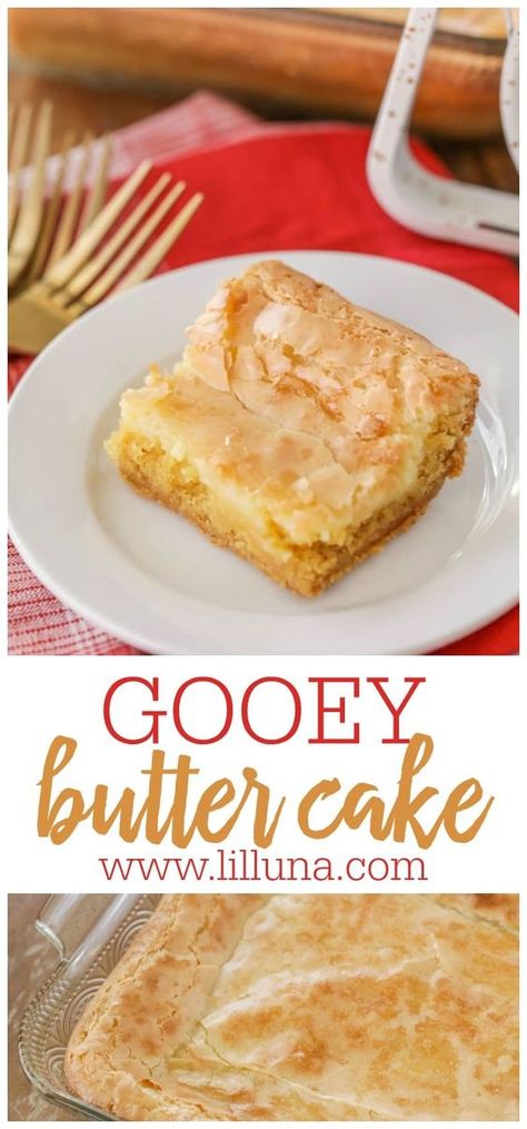 Gooey butter cake is a simple and amazingly delicious dessert with a cake batter crust and soft, gooey cream cheese top that makes it addicting! #gooeybuttercake #butter #cake #desserts #treats Holiday Gooey Butter Cake, Obey Gooey Butter Cake, Batter Cake Recipe, Ooey Gooey Butter Cake Variations, Gooie Butter Cake Easy, Ooey Gooey Butter Cake Paula Dean, Ooy Gooy Cake, Ooy Gooy Butter Bars, Ooy Gooy Butter Cake