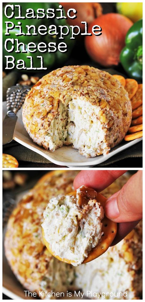 Classic Pineapple Cheese Ball ~ No matter the event, this classic cheese ball is perfect for all your entertaining needs. From gameday to backyard cookouts, to holiday parties and more! Loaded with great flavor from its combination of crushed pineapple, fresh green pepper, & finely chopped onion, this cheese ball is always a favorite. #pineapplecheeseball #cheeseballrecipe www.thekitchenismyplayground.com Cheese Ball Pineapple Green Pepper, Cheese Ball Recipes Easy Pineapple, Cheeseball Recipes With Pineapple, Cheese Ball Recipes With Pineapple, Pineapple Cheese Ball Recipe, Cheeseball With Pineapple, Cheeseball Recipes Classic, Cheese Ball With Pineapple, Easter Cheese Ball Recipes