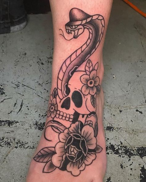 Peony Snake Tattoo, Traditional Foot Tattoo, Snake Skull Tattoo, Traditional Snake, Snake Skull, Mama Tried, Snake Tattoo, Foot Tattoo, Nature Tattoos