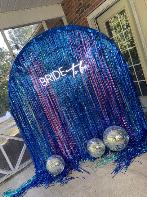 Easy Party Backdrop, Backdrop Fringe, Blue Neon Sign, Bachelorette Diy, Streamer Backdrop, Baby Birthday Decorations, Blue Bride, Fringe Backdrops, Diy Bachelorette Party