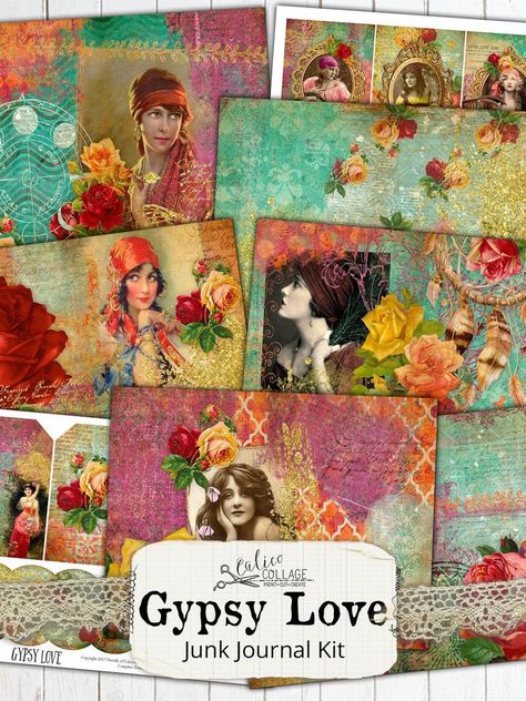 Junk Journal Kit Gypsy Love Printable Boho Journal Ephemera | Etsy Boho Junk Journal, Junk Journal Ideas, Boho Journal, Glue Books, Free Collage, Art Journal Prompts, Printable Junk Journal, Printable Collage Sheet, Art Journal Cover