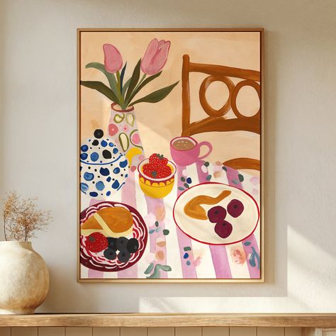 Enhance your modern kitchen or dining room with this beautiful Gouache Still Life Breakfast Art Print. This contemporary food illustration adds a touch of elegance and charm to any interior space. Perfect for those who appreciate fine art and love to decorate their homes with unique, high-quality pieces. Artistic Detail: This art print features a meticulously painted gouache still life of a breakfast scene, capturing the essence of contemporary dining with vibrant colors and exquisite details. M Painting In Kitchen, Painting Decor Ideas, Kitchen Art Painting, Art In The Kitchen, Table Art, Gouache Still Life, Vintage Kitchen Art, Dining Room Prints, Dining Room Pictures