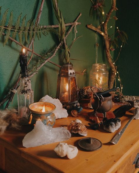 I’ve got freshly painted green walls & a new altar table 🖤 it’s been AGES since I could set up a proper altar! Every table I have in the house is always in use for something. I’m so excited to keep working on this space! . #forestwitch #witchesaltar Forest Altar Pagan, Witch’s Table, Higher Self Altar, Making An Altar, Wiccan Altar Inspiration, Altar Arrangement Witchcraft, Witch’s Altar, Tarot Altar Ideas, Alter Set Up Witchcraft