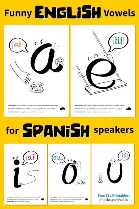 Funny English Vowels for Spanish-speakers PDF - Box of Ideas English Vowels, English Worksheets For Kindergarten, Spanish Basics, Spanish Lessons For Kids, Spanish Alphabet, Spanish Speaking, Spanish Verbs, Spanish Reading, Spanish Phrases