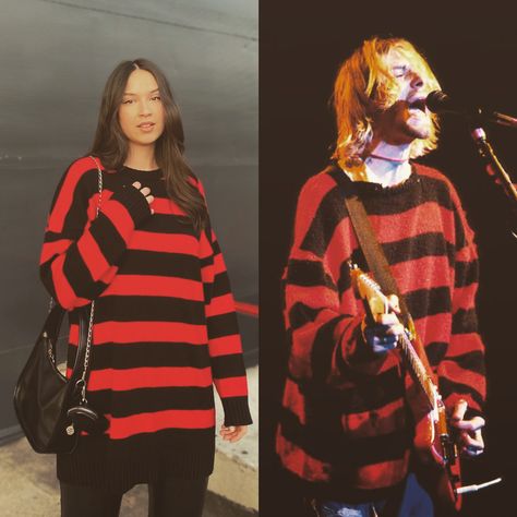 Red And Black Knitted Sweater, Crochet Nirvana, Red And Black Sweater, Black Striped Sweater Outfit, Kurt Cobain Outfit, Black Crochet Sweater, Harry Styles Sweater, Striped Sweater Outfit, Boho Sweater