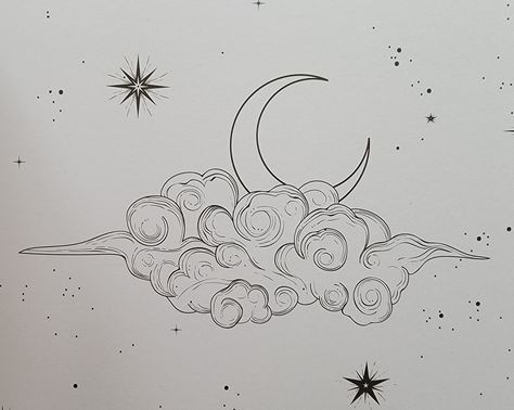 How To Draw Aesthetic Clouds, Whimsical Clouds Drawing, Small Moon Drawing, Moon Chalk Art, Moon Doodle Simple, Aesthetic Clouds Drawing, Celestial Drawing Ideas, Clouds Drawing Aesthetic, Moon And Clouds Drawing