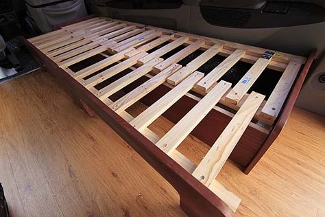 Fingerjoint bed frame                                                                                                                                                                                 More Rv Conversion, Rv Remodeling, Airstream Living, Airstream Renovation, Murphy Bed Plans, Bedroom Couch, Small Space Bedroom, Vintage Airstream, Pull Out Bed