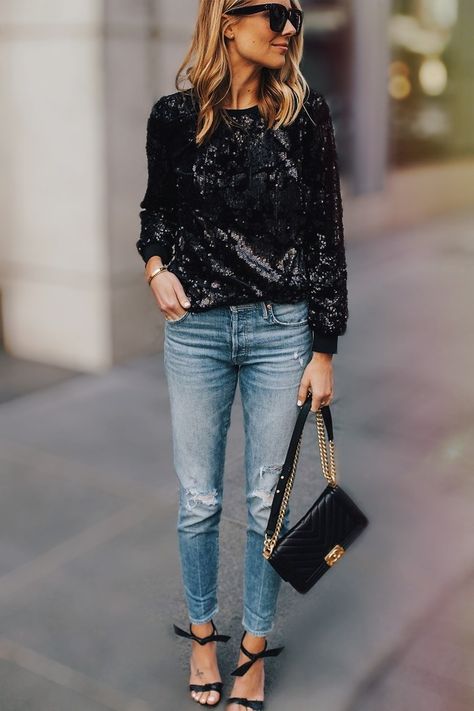 Black Sparkly Top Outfit Jeans, Sequins And Denim Outfit, Blue Sequin Top Outfit, Black Sequin Shirt Outfit, Black Sequined Tops For Winter, Sparkly Shirt Outfit, Chic Black Tops With Sequins, Black Sequin Blouse For Date Night, Sequin Tank Top Outfit