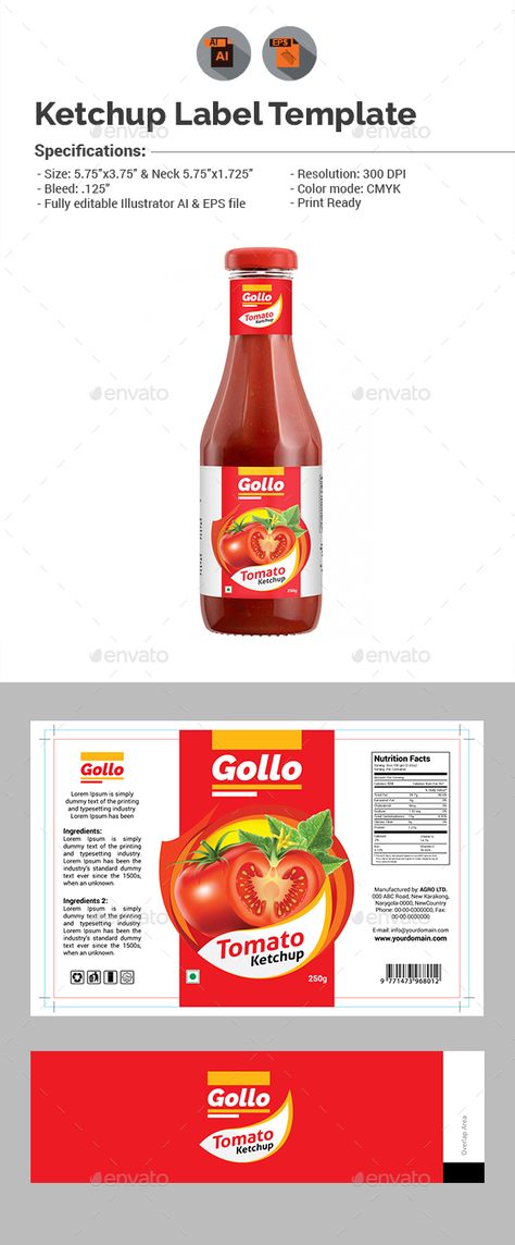 Ketchup Label Design Template Vector EPS, AI Illustrator Food Product Design Packaging, Ketchup Label Design, Ingredients Label Design, Lable Package Design, Ketchup Packaging Design, Sauce Label Design, Ketchup Packaging, Hot Sauce Label, Food Label Design